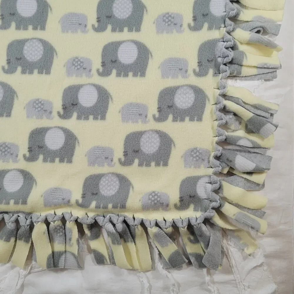 Elephant Baby Blanket Yellow No Sew Tie Knot Fringe Handmade Reversible